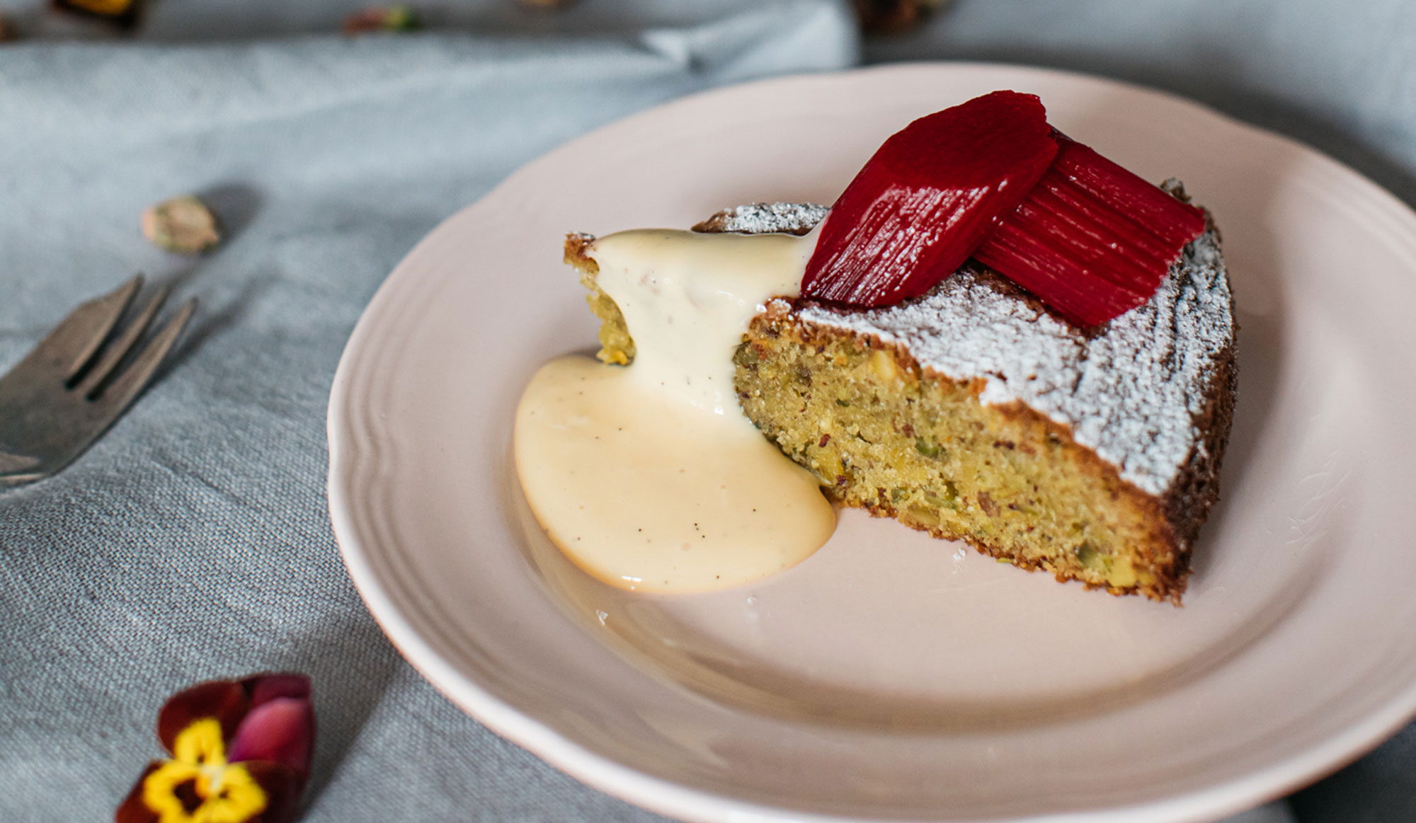 Pistachio & olive oil cake, rhubarb, tonka bean curd