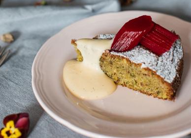 Pistachio & olive oil cake, rhubarb, tonka bean curd