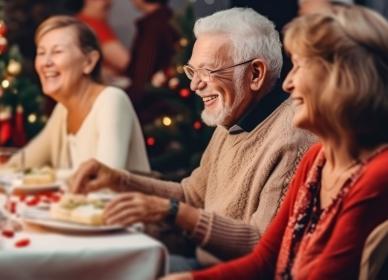 A group of older people sitting at a table at a christmas party.