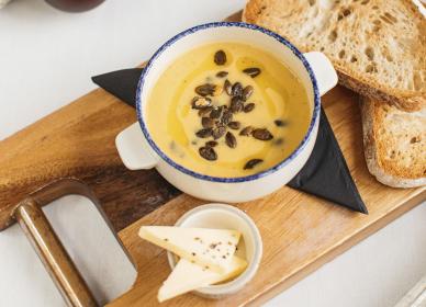 Soup of the day, homemade bread roll