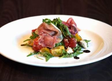 Compressed watermelon, Serano ham & feta salad