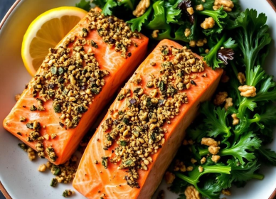 Grilled salmon with walnut and herb crust