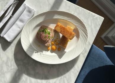 Chicken liver parfait apricot gel, pickled shallots and toasted brioche