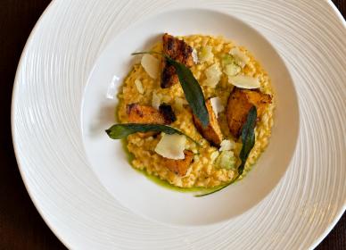 Roasted butternut squash and sage risotto with a sage crisp