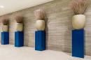 Three vases with plants in them in a lobby.