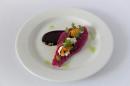 Beetroot Gin Cured Gravadlax, Horseradish Cream, Pickled Cucumber