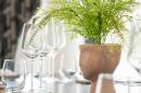 A white vase with a plant in it.