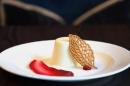 Lemon & elderflower panna cotta, with raspberry tuile and a raspberry gel