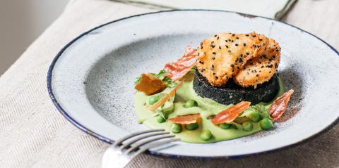 Cod cheeks and seafood black pudding