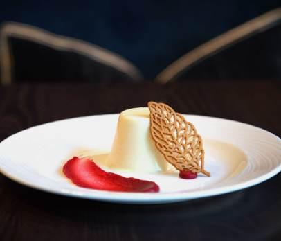 Lemon & elderflower panna cotta, with raspberry tuile and a raspberry gel