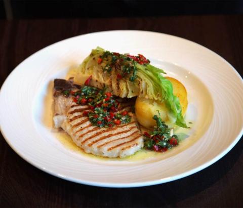 Pork Loin Steak with Chargrilled Hispi Cabbage, Fondant Potato and Chimichurri