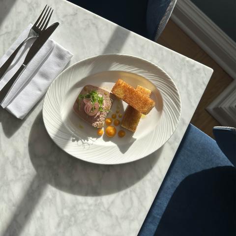 Chicken liver parfait apricot gel, pickled shallots and toasted brioche