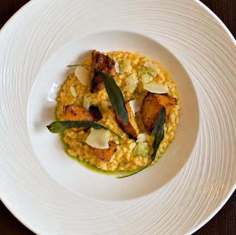 Roasted butternut squash and sage risotto with crispy sage